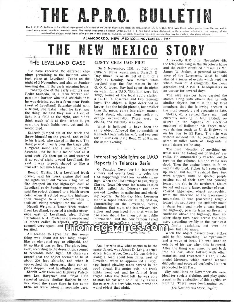 Cover of Aerial Phenomena Research Organization (A.P.R.O.) issue November, 1957: THE A.P.R.O. BULLETIN