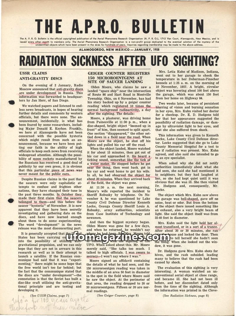 Cover of Aerial Phenomena Research Organization (A.P.R.O.) issue JANUARY, 1958: THE A.P.R.O. BULLETIN