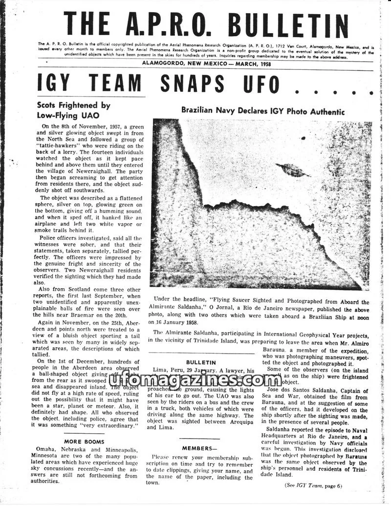 Cover of Aerial Phenomena Research Organization (A. P. R. O.) issue March, 1958: THE A.P.R.O. BULLETIN
