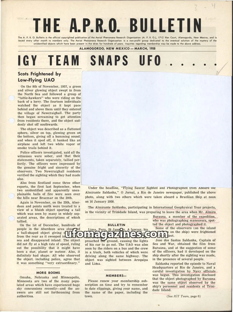 Cover of Aerial Phenomena Research Organization (A.P.R.O.) issue March, 1958: THE A.P.R.O. BULLETIN