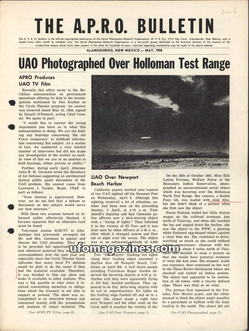 Cover of THE AERIAL PHENOMENA RESEARCH ORGANIZATION issue MAY, 1958: THE A.P.R.O. BULLETIN