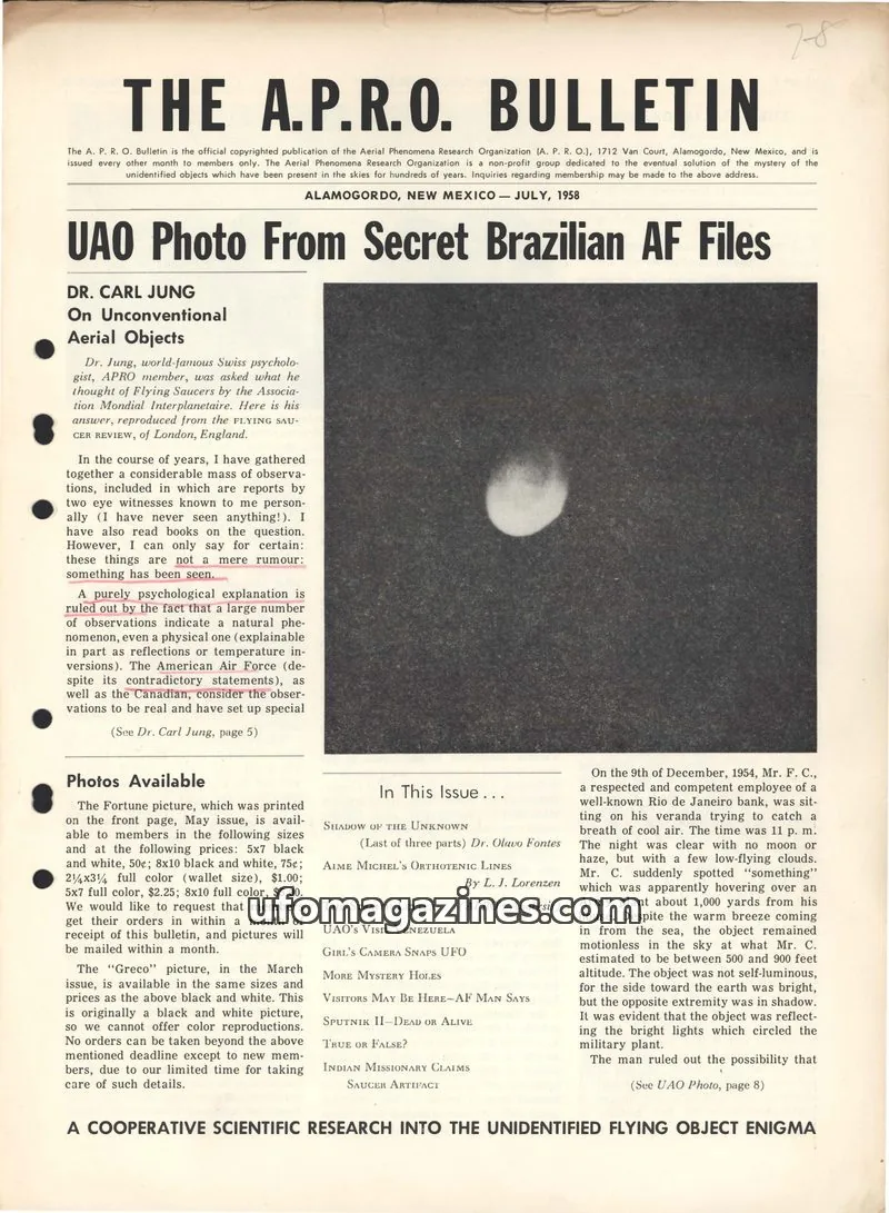 Cover of THE AERIAL PHEΝΟΜΕΝΑ RESEARCH ORGANIZATION issue July, 1958: THE A.P.R.O. BULLETIN
