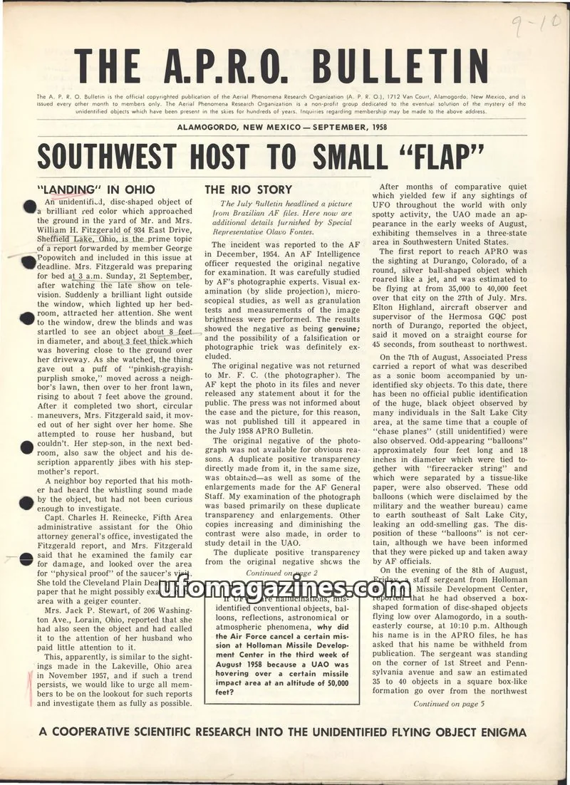 Cover of AERIAL PHENOMENA RESEARCH ORGANIZATION issue SEPTEMBER, 1958: THE A.P.R.O. BULLETIN