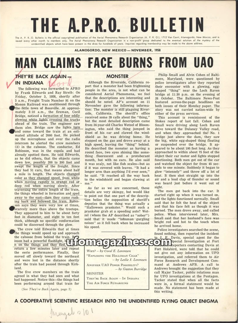 Cover of THE AERIAL PHENOMENA RESEARCH ORGANIZATION issue November, 1958: THE A.P.R.O. BULLETIN