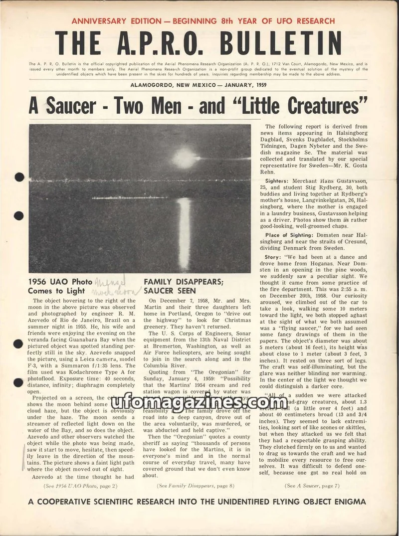 Cover of AERIAL PHENOMENA RESEARCH ORGANIZATION issue January, 1959: THE A.P.R.O. BULLETIN