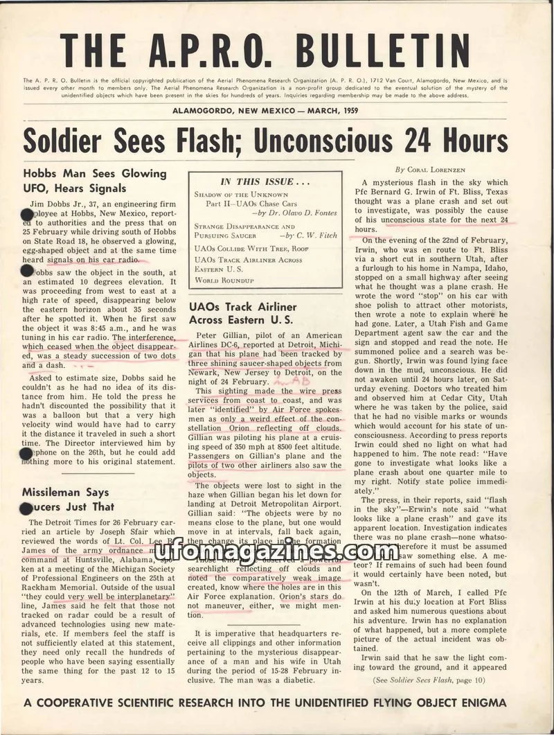 Cover of AERIAL PHENOMENA RESEARCH ORGANIZATION issue MARCH, 1959: THE A.P.R.O. BULLETIN