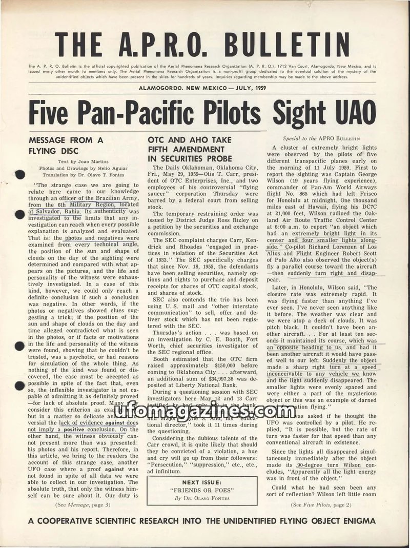 Cover of The Aerial Phenomena Research Organization issue July, 1959: THE A.P.R.O. BULLETIN