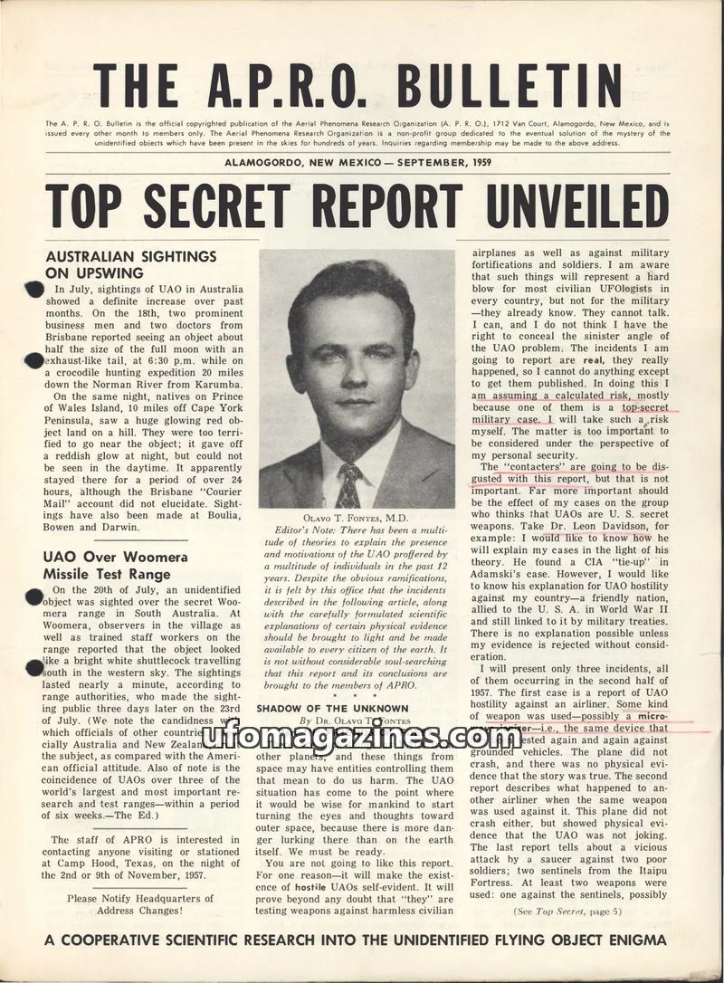 Cover of AERIAL PHENOMENA RESEARCH ORGANIZATION issue SEPTEMBER, 1959: THE A.P.R.O. BULLETIN