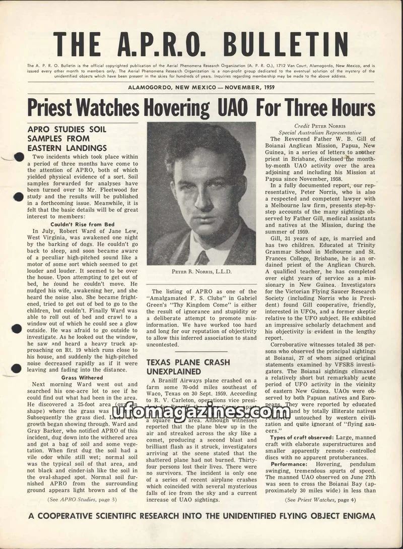 Cover of Aerial Phenomena Research Organization (A.P.R.O.) issue November, 1959: THE A.P.R.O. BULLETIN