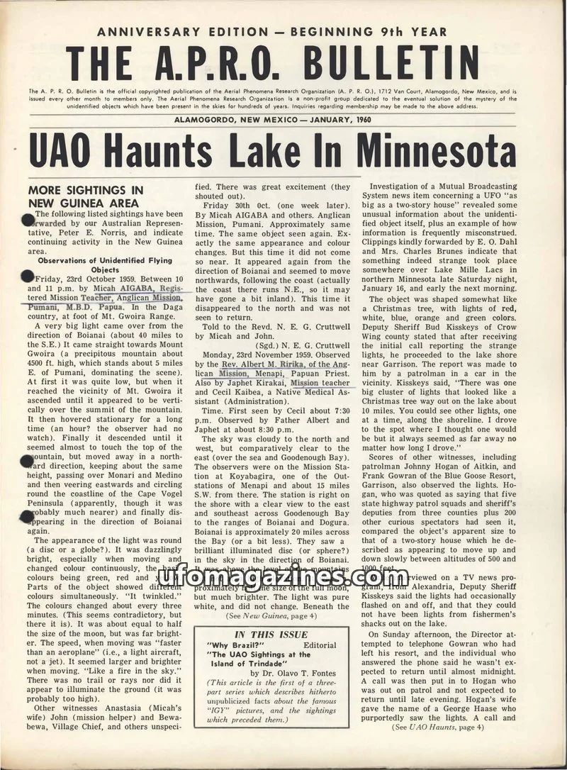 Cover of AERIAL PHENOMENA RESEARCH ORGANIZATION issue January, 1960: THE A.P.R.O. BULLETIN