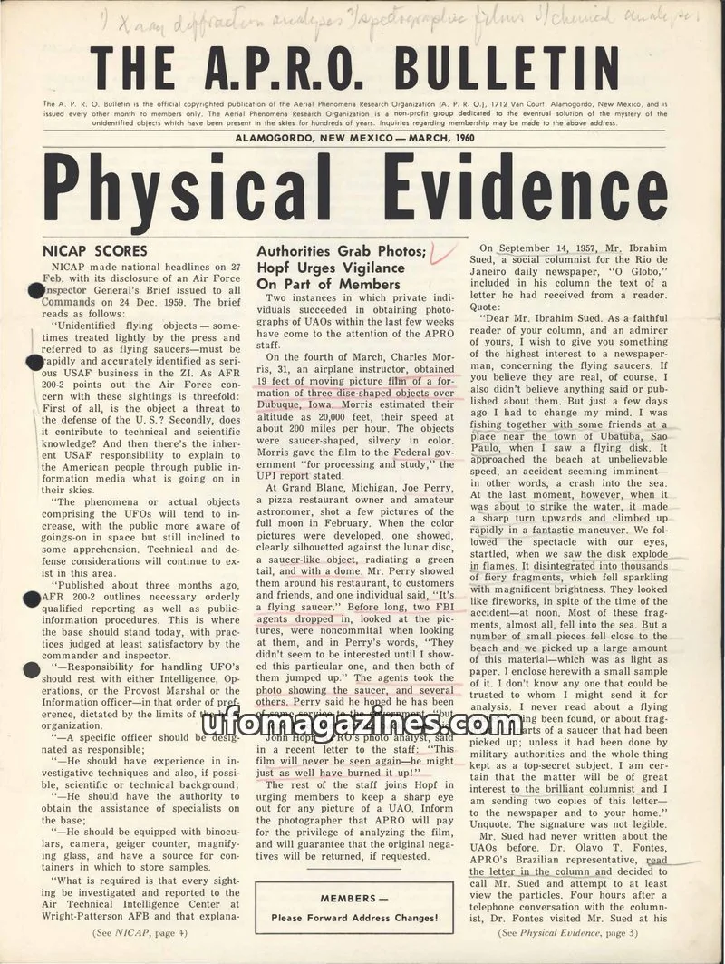 Cover of THE AERIAL PHENOMENA RESEARCH ORGANIZATION issue March, 1960: THE A.P.R.O. BULLETIN