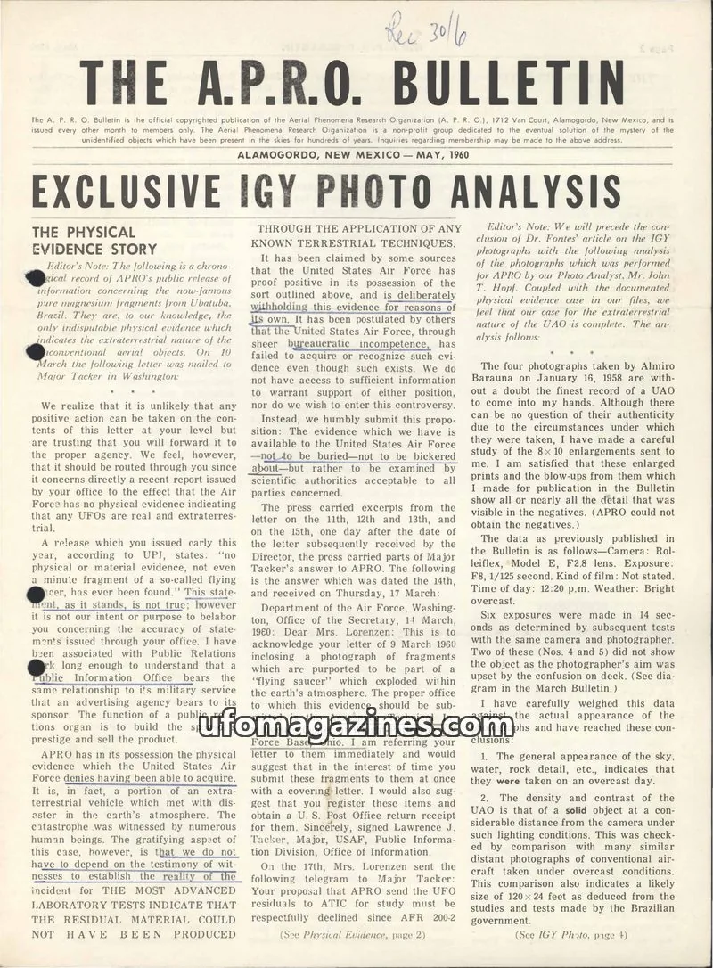 Cover of Aerial Phenomena Research Organization (A.P.R.O.) issue May, 1960: THE A.P.R.O. BULLETIN