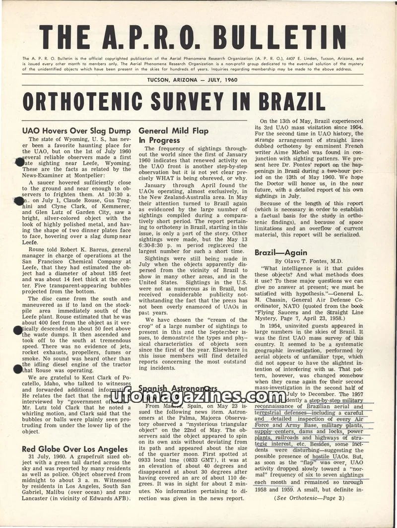Cover of Aerial Phenomena Research Organization issue July, 1960: The A.P.R.O. BULLETIN