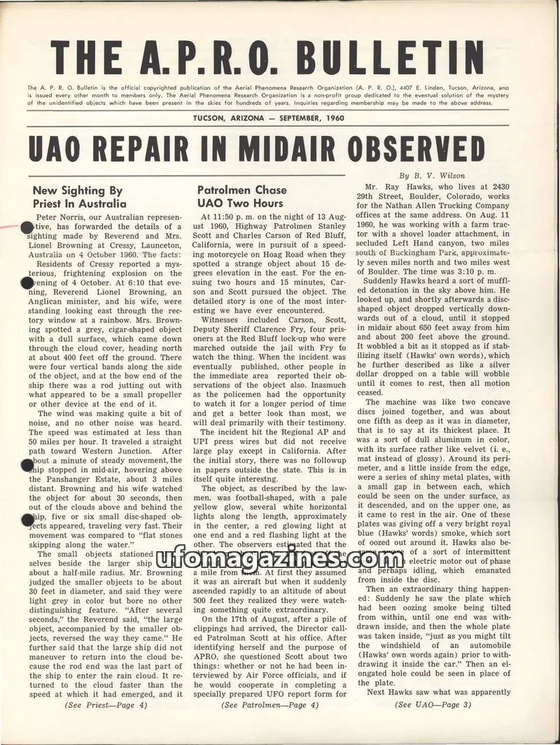 Cover of AERIAL PHENOMENA RESEARCH ORGANIZATION issue SEPTEMBER, 1960: THE A. P. R. O. BULLETIN