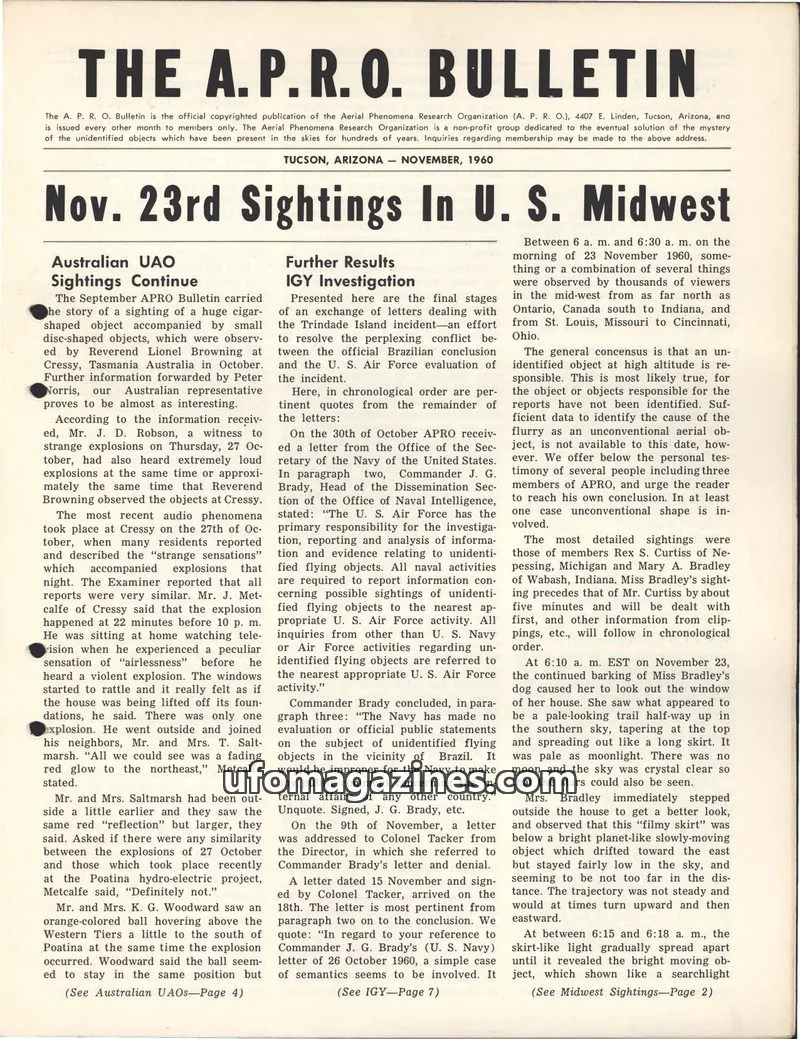 Cover of The Aerial Phenomena Research Organization issue November, 1960: The A.P.R.O. BULLETIN