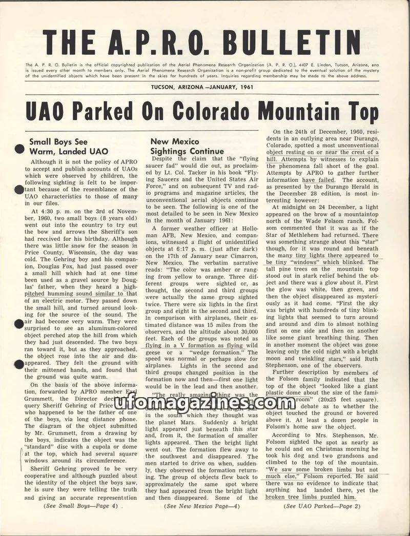 Cover of THE AERIAL PHENOMENA RESEARCH ORGANIZATION issue JANUARY, 1961: THE A.P.R.O. BULLETIN