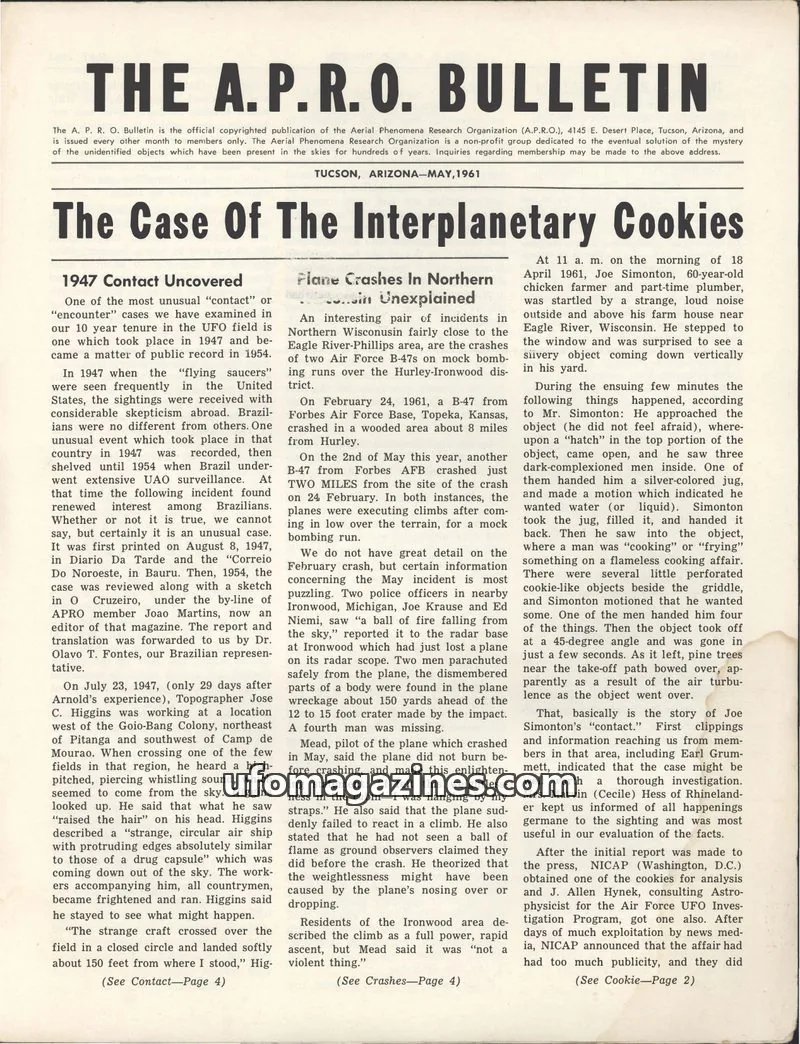 Cover of THE AERIAL PHENOMENA RESEARCH ORGANIZATION issue MAY, 1961: THE A.P.R.O. BULLETIN