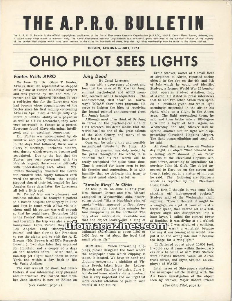 Cover of The Aerial Phenomena Research Organization issue July, 1961: The A. P. R. O. BULLETIN