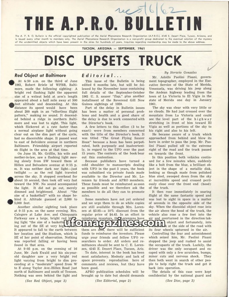 Cover of THE AERIAL PHENOMENA RESEARCH ORGANIZATION issue SEPTEMBER, 1961: THE A.P.R.O. BULLETIN