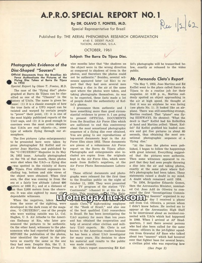 Cover of THE AERIAL PHENOMENA RESEARCH ORGANIZATION issue 1: A.P.R.O. SPECIAL REPORT NO. 1