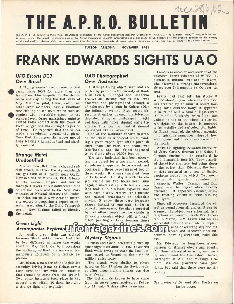 Cover of The Aerial Phenomena Research Organization (A.P.R.O.) issue November, 1961: The A.P.R.O. Bulletin