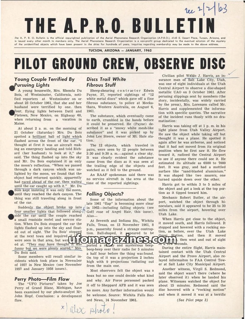 Cover of THE AERIAL PHENOMENA RESEARCH ORGANIZATION issue JANUARY, 1962: THE A.P.R.O. BULLETIN