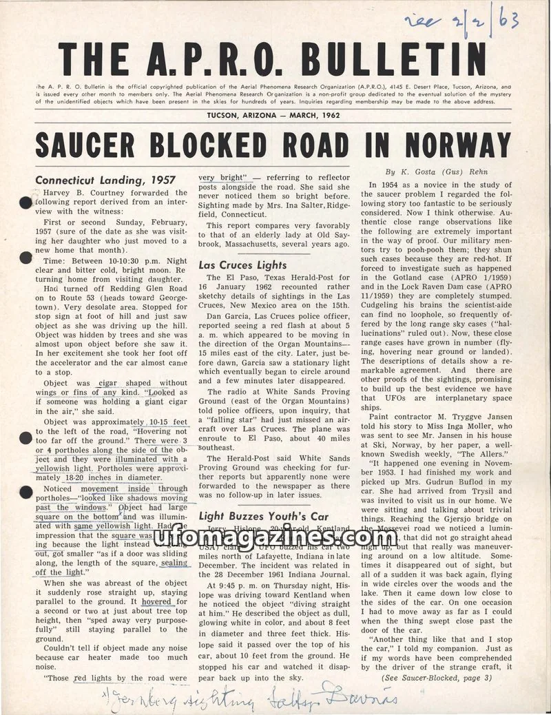 Cover of THE AERIAL PHENOMENA RESEARCH ORGANIZATION issue MARCH, 1962: THE A.P.R.O. BULLETIN