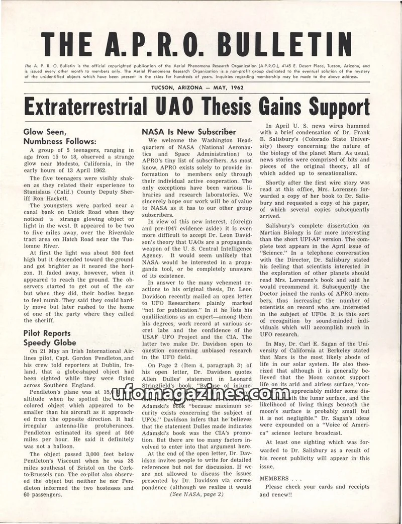Cover of Aerial Phenomena Research Organization issue MAY, 1962: THE A.P.R.O. BULLETIN