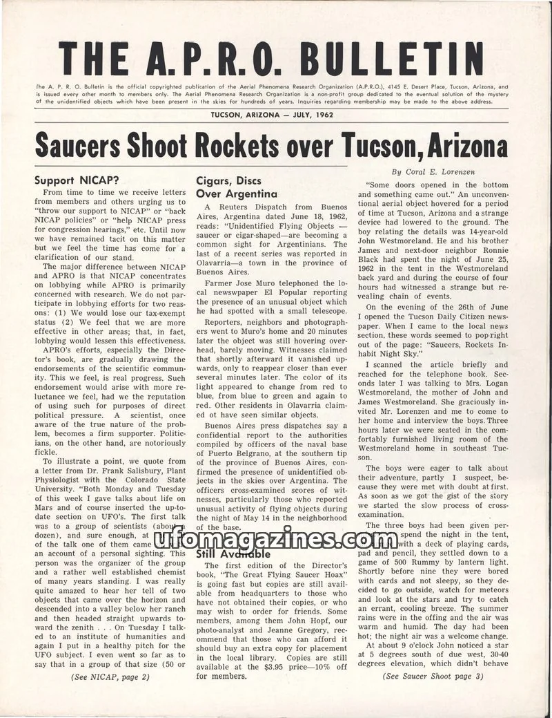 Cover of THE AERIAL PHENOMENA RESEARCH ORGANIZATION issue JULY, 1962: THE A.P.R.O. BULLETIN