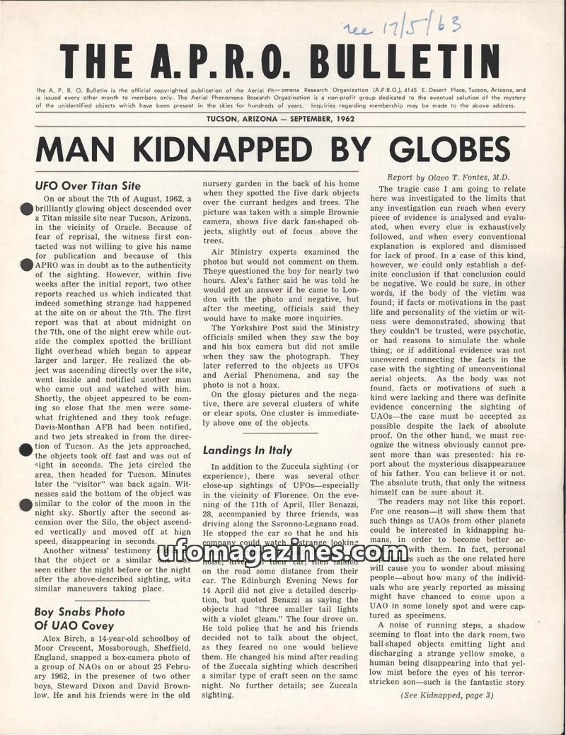 Cover of The Aerial Phenomena Research Organization issue September, 1962: The A.P.R.O. BULLETIN