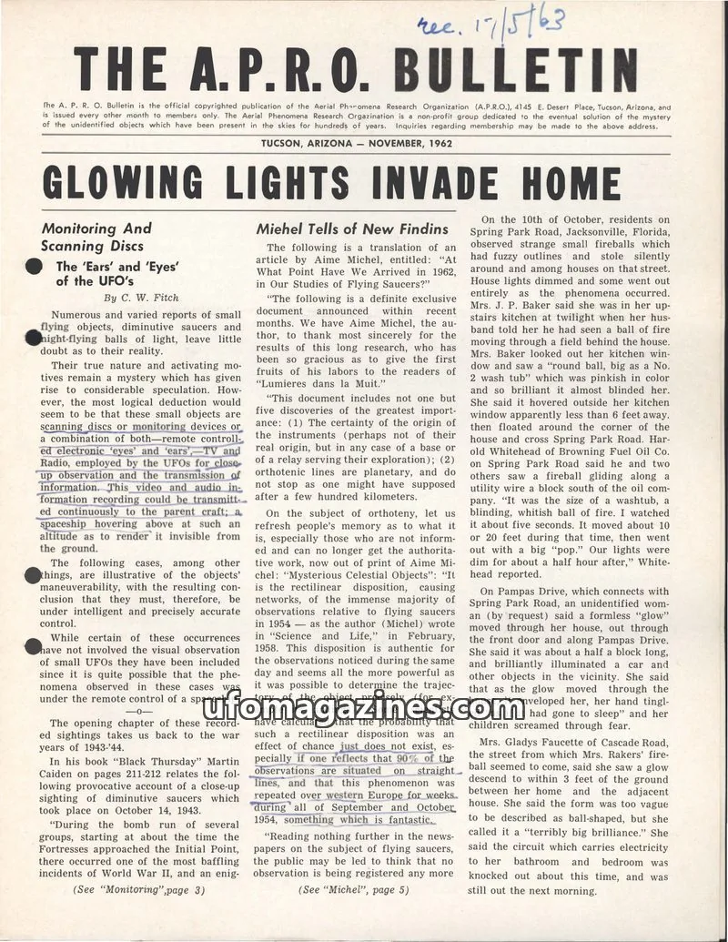 Cover of THE AERIAL PHENOMENA RESEARCH ORGANIZATION issue November, 1962: THE A.P.R.O. BULLETIN