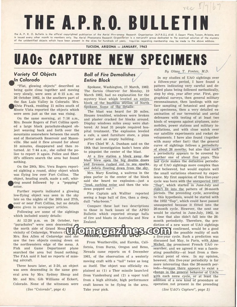 Cover of The Aerial Phenomena Research Organization (A.P.R.O.) issue January: The A.P.R.O. Bulletin