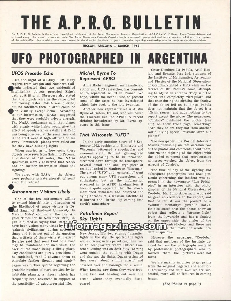 Cover of THE AERIAL PHENOMENA RESEARCH ORGANIZATION issue MARCH, 1963: THE A.P.R.O. BULLETIN