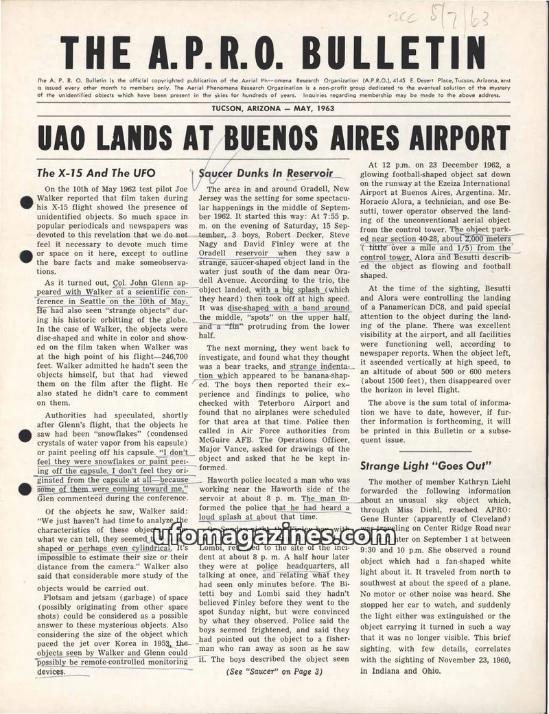 Cover of AERIAL PHENOMENA RESEARCH ORGANIZATION issue MAY, 1963: THE A.P.R.O. BULLETIN