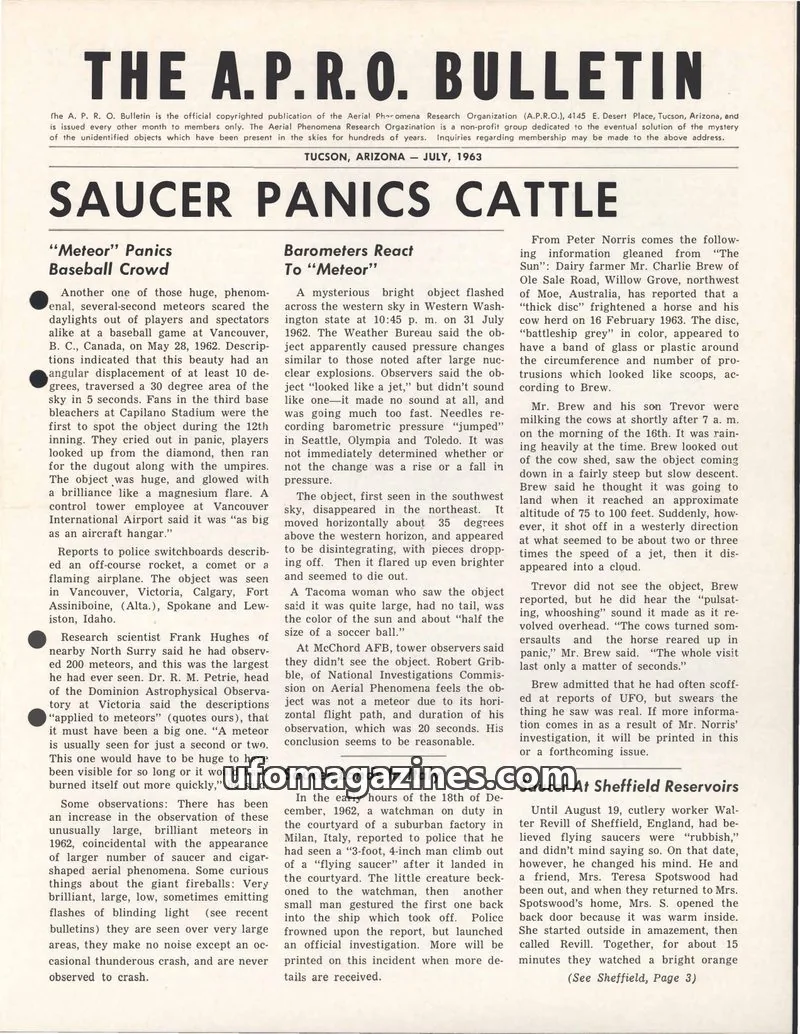Cover of THE AERIAL PHENOMENA RESEARCH ORGANIZATION issue JULY, 1963: THE A.P.R.O. BULLETIN