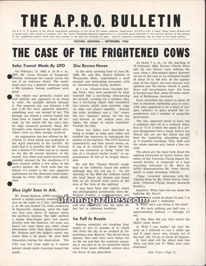 Cover of THE AERIAL PHENOMENA RESEARCH ORGANIZATION issue SEPTEMBER, 1963: THE A.P.R.O. BULLETIN