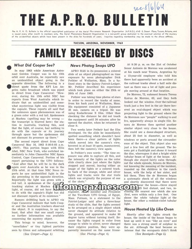 Cover of THE AERIAL PHENOMENA RESEARCH ORGANIZATION issue NOVEMBER, 1963: THE A. P. R. O. BULLETIN