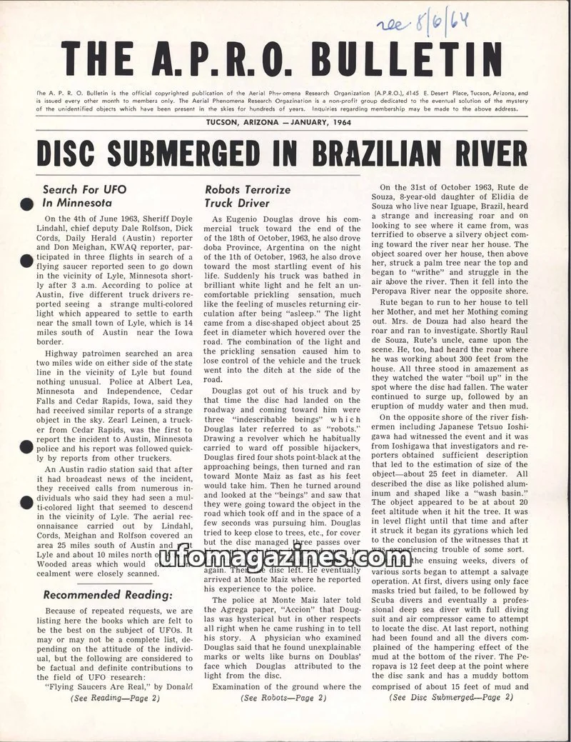 Cover of AERIAL PHENOMENA RESEARCH ORGANIZATION issue JANUARY, 1964: THE A.P.R.O. BULLETIN