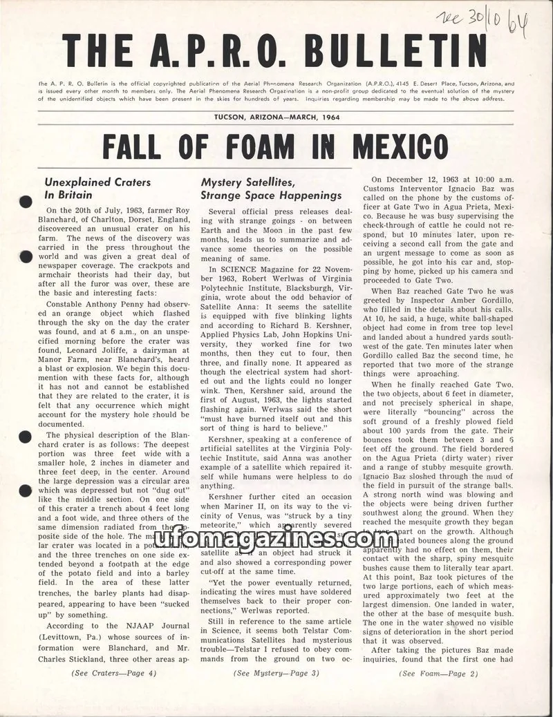 Cover of AERIAL PHENOMENA RESEARCH ORGANIZATION issue MARCH, 1964: THE A. P. R. O. BULLETIN