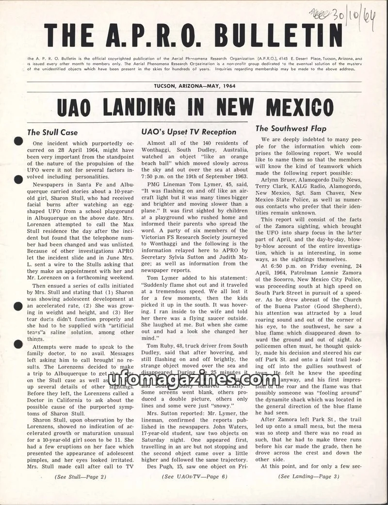 Cover of The Aerial Phenomena Research Organization (A.P.R.O.) issue May, 1964: The A.P.R.O. Bulletin