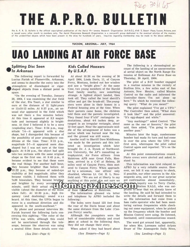 Cover of THE AERIAL PHENOMENA RESEARCH ORGANIZATION issue JULY, 1964: THE A.P.R.O. BULLETIN