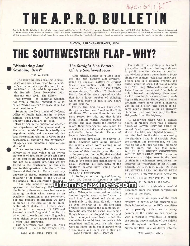 Cover of THE AERIAL PHENOMENA RESEARCH ORGANIZATION issue SEPTEMBER, 1964: THE A. P. R. O. BULLETIN