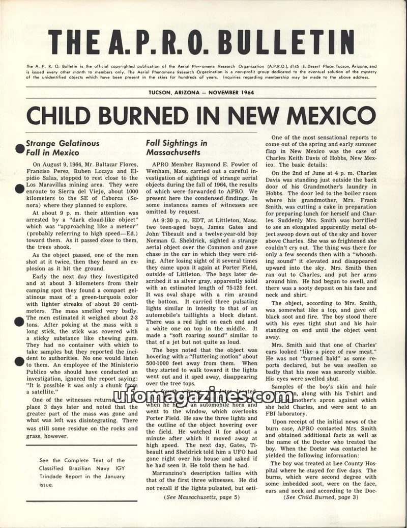 Cover of Aerial Phenomena Research Organization (APRO) issue November 1964: THE A. P. R. O. BULLETIN