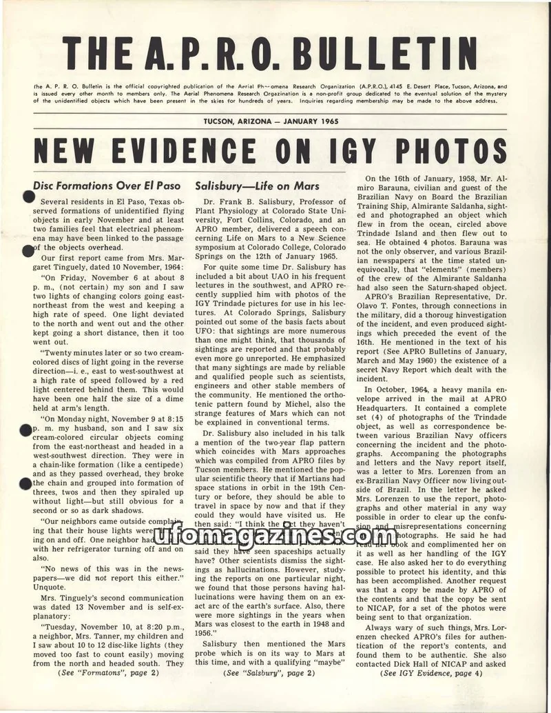 Cover of THE AERIAL PHENOMENA RESEARCH ORGANIZATION issue JANUARY 1965: THE A. P. R. O. BULLETIN