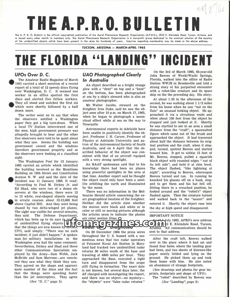 Cover of Aerial Phenomena Research Organization (APRO) issue MARCH-APRIL 1965: THE A. P. R. O. BULLETIN