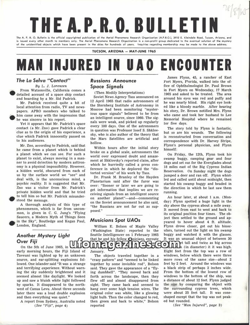 Cover of THE AERIAL PHENOMENA RESEARCH ORGANIZATION issue MAY-JUNE 1965: THE A. P. R. O. BULLETIN