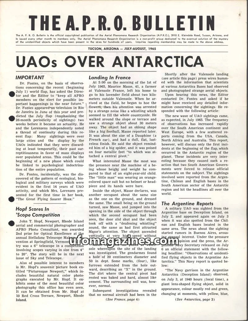 Cover of THE AERIAL PHENOMENA RESEARCH ORGANIZATION issue JULY-AUGUST, 1965: THE A. P. R. O. BULLETIN
