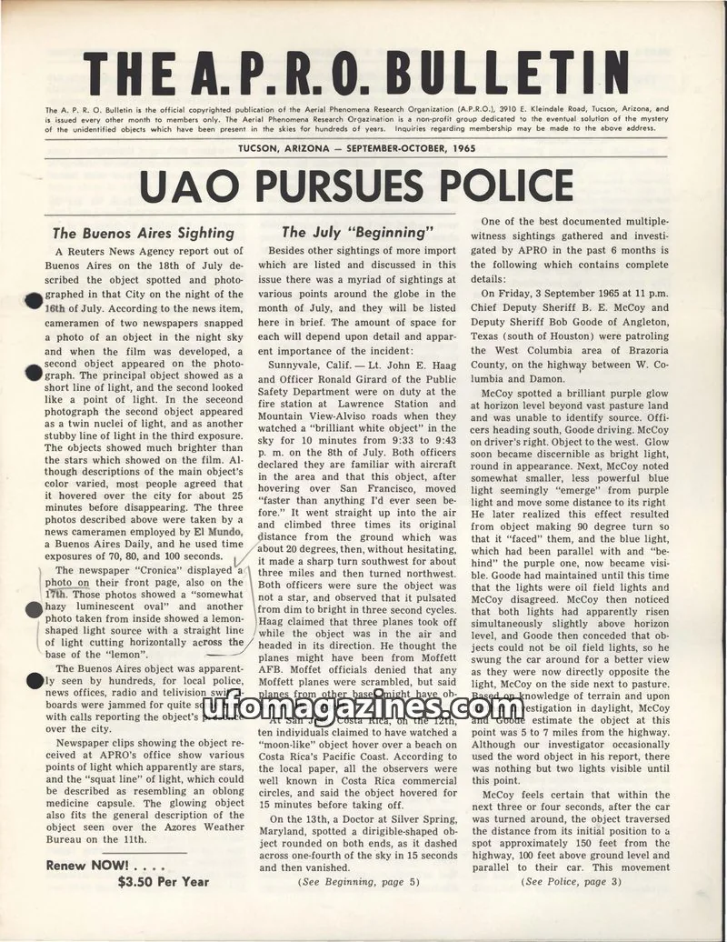 Cover of THE AERIAL PHENOMENA RESEARCH ORGANIZATION issue SEPTEMBER-OCTOBER, 1965: THE A. P. R. O. BULLETIN