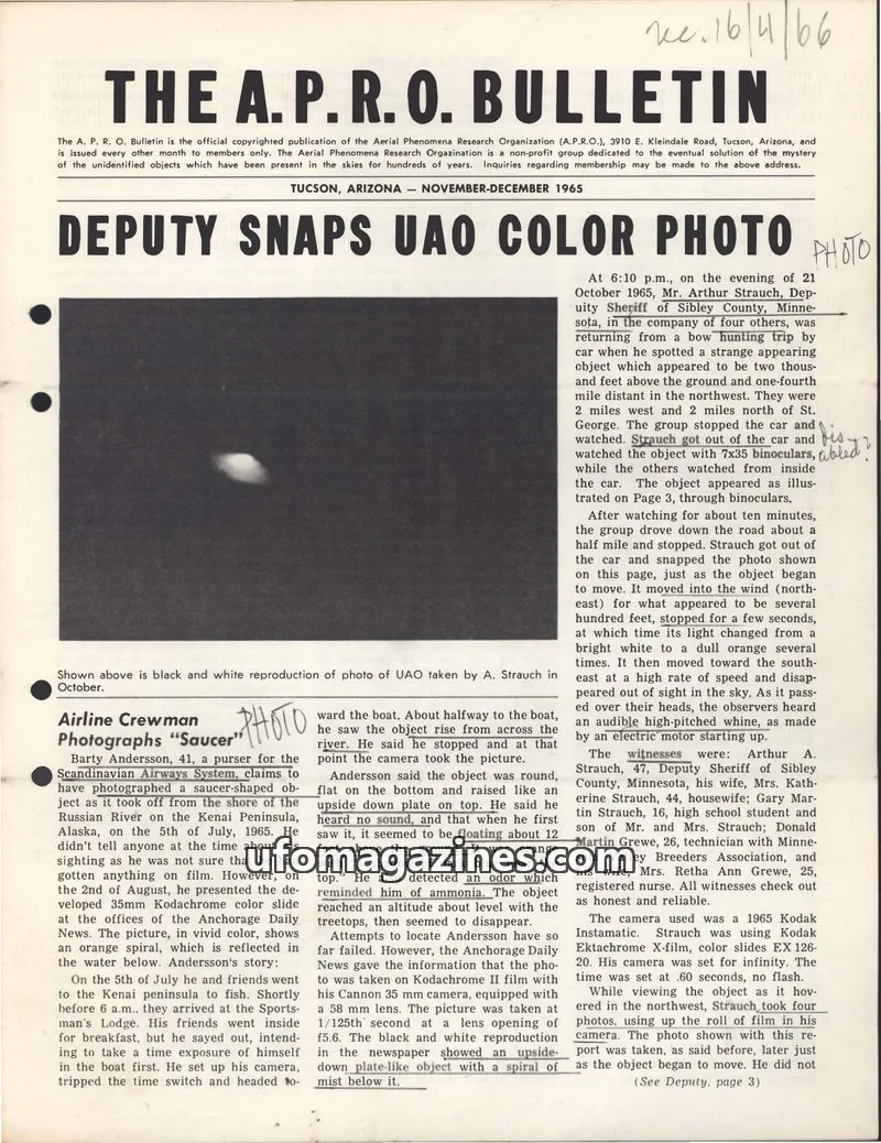 Cover of THE AERIAL PHENOMENA RESEARCH ORGANIZATION issue NOVEMBER-DECEMBER 1965: THE A. P. R. O. BULLETIN