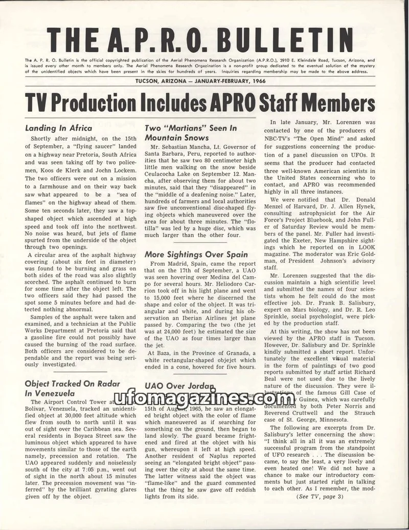 Cover of THE AERIAL PHENOMENA RESEARCH ORGANIZATION issue JANUARY-FEBRUARY, 1966: THE A. P. R. O. BULLETIN